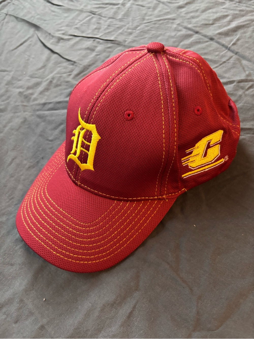 Maroon Baseball Cap with Gold Detroit Tigers Logo and Central Michigan Flying C